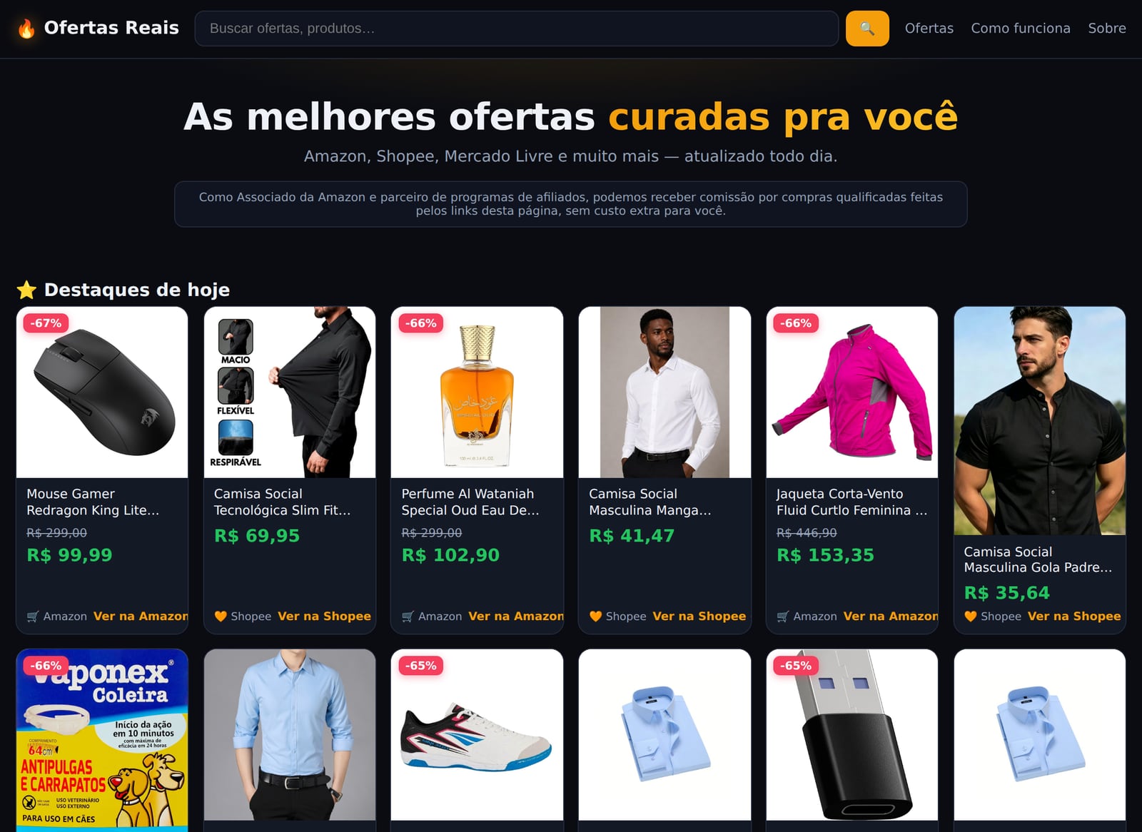 Página de Vendas do Sell-IQ no ar: vitrine com ofertas da Amazon e da Shopee, com foto, preço com desconto e botão para a loja.